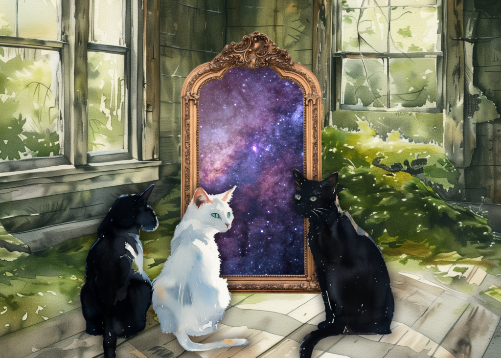 Two black cats, one white cat in abandoned cabin with overgrown ivy and magic universe mirror