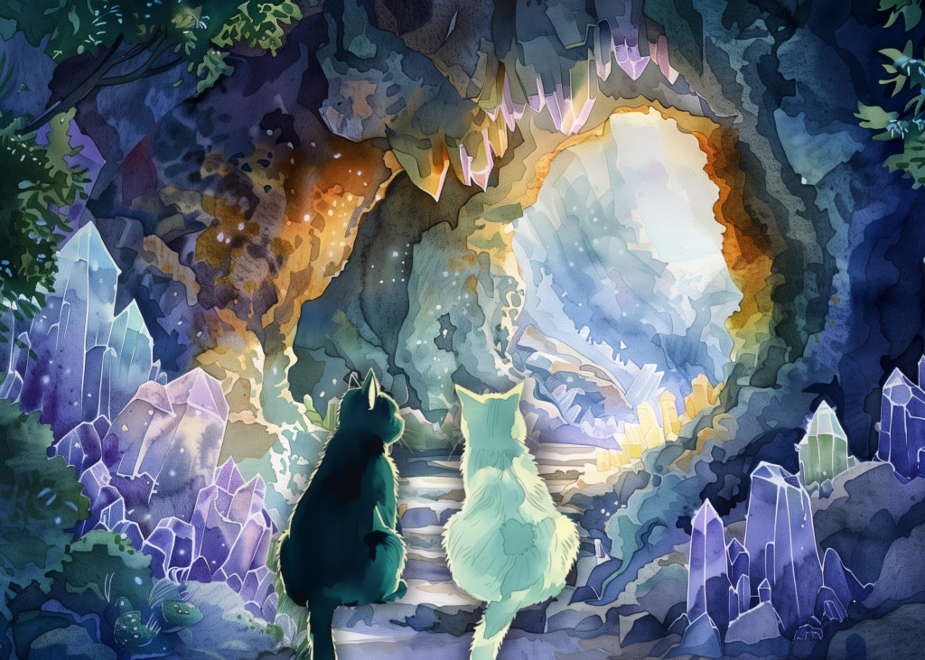 Black cat and white cat in a crystal cave