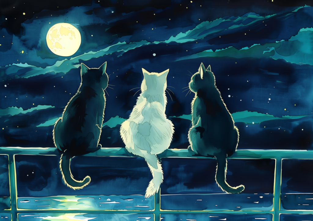 Two black cats, one white cat stare at the moon and stars painting