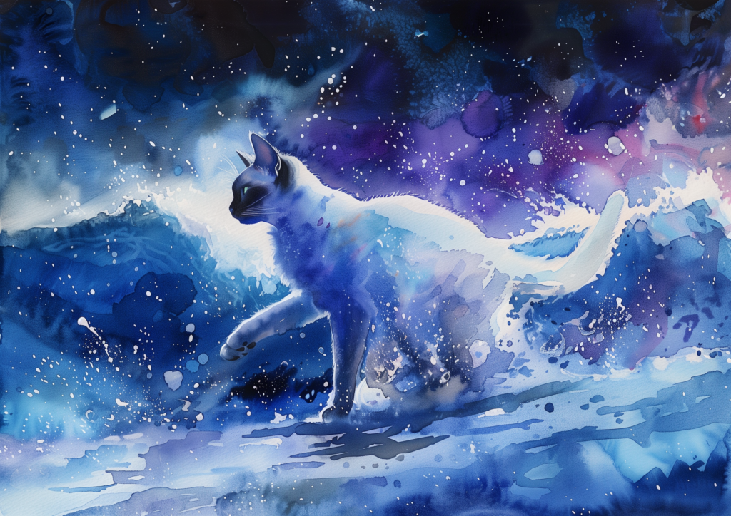 Siamese cat with blue eyes watercolor galactic vibes, blue purple hues