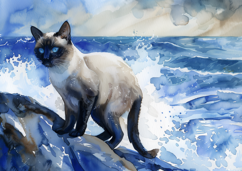 Siamese cat with blue eyes, on a rock at the ocean with waves crashing against the shore, blue hues