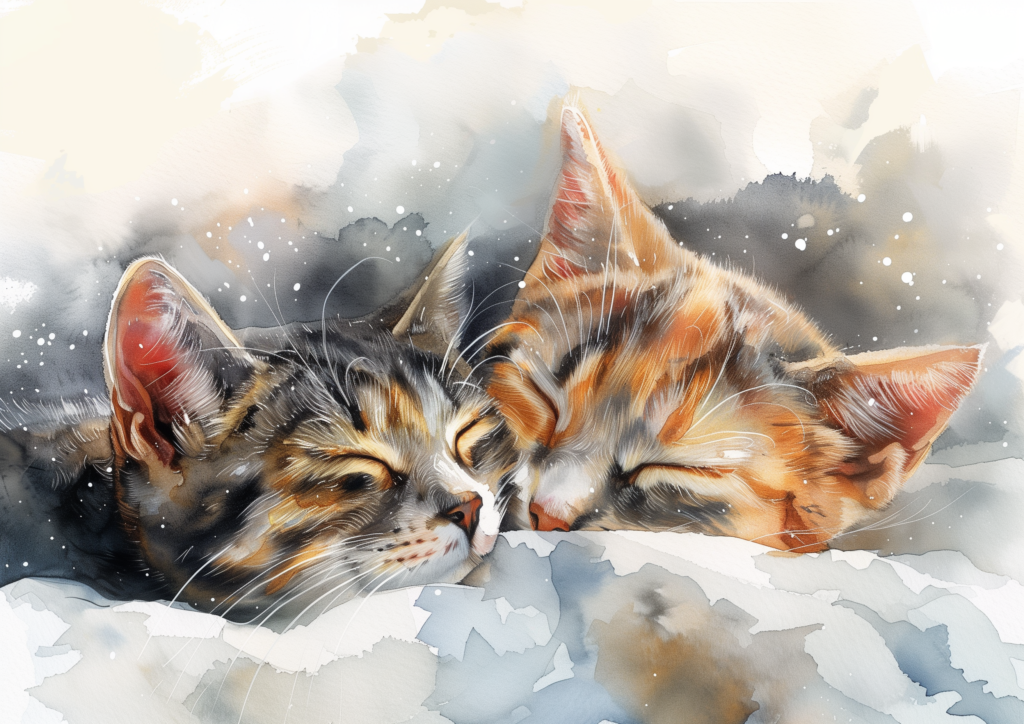 Two kittens cuddle in the snow watercolor