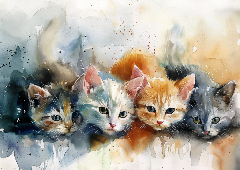 Four kittens watercolor painting