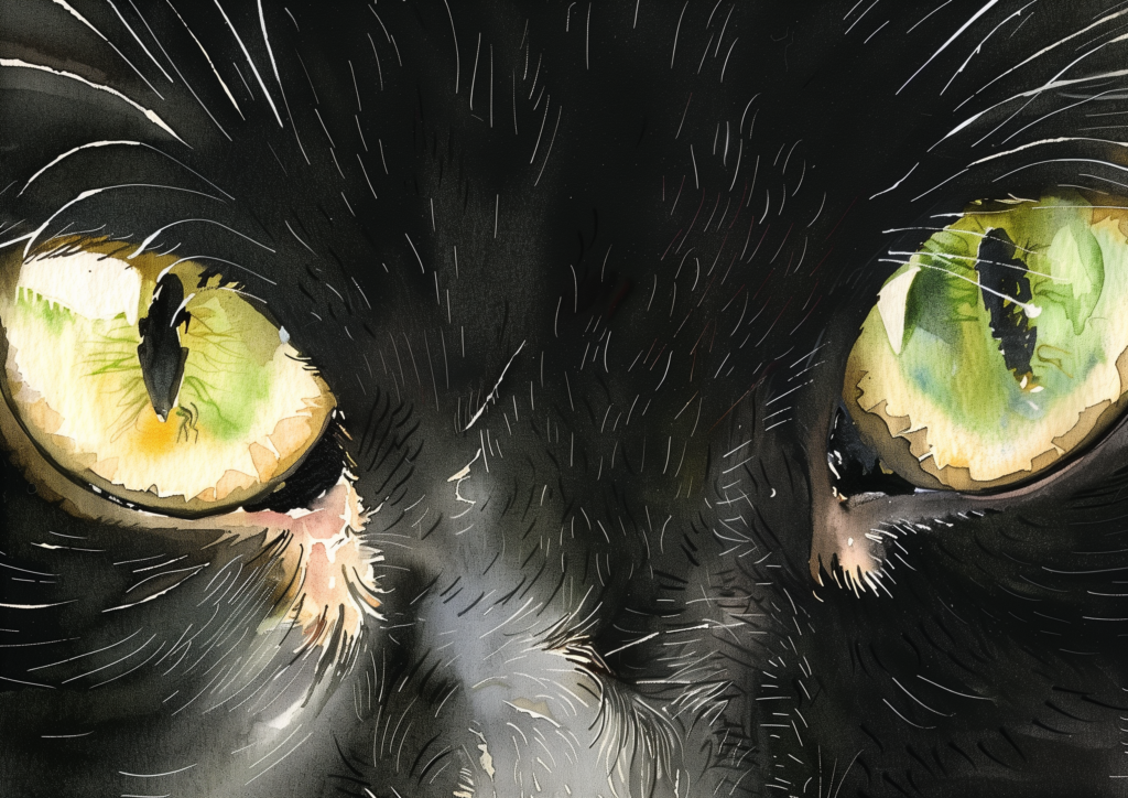 Black cat green eyes watercolor close up