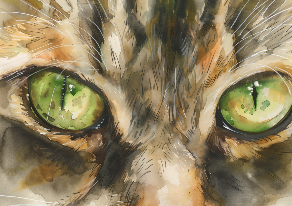 Gray tabby cat green eyes watercolor close up