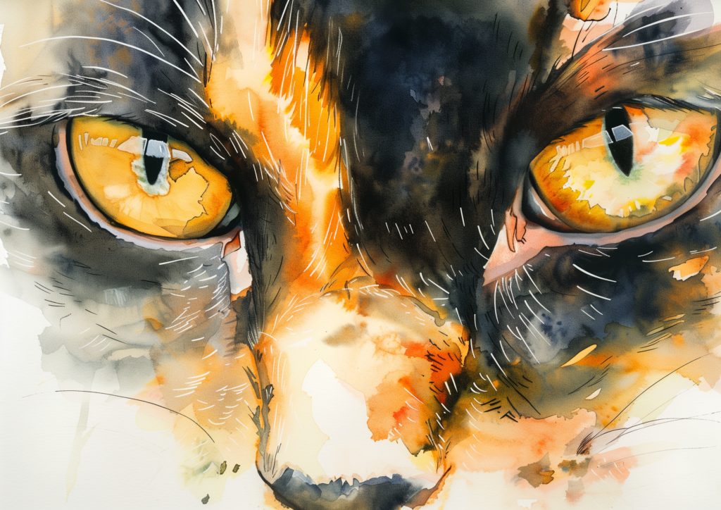 One calico cat watercolor close up
