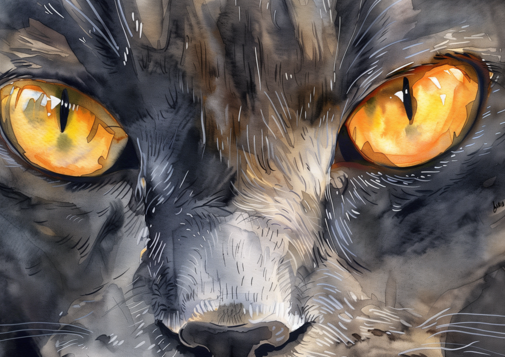 Gray cat yellow eyes watercolor close up