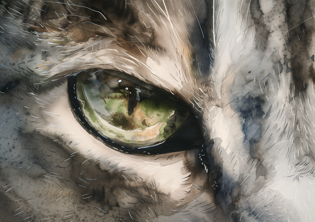 Gray cat green eyes watercolor close up