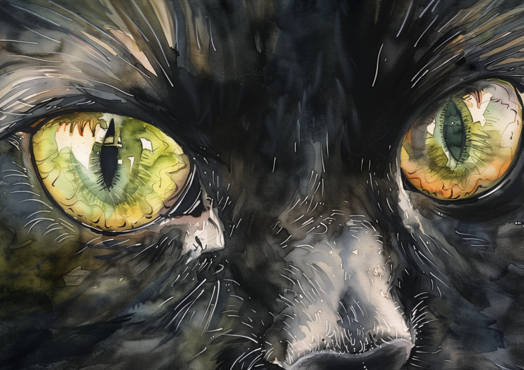 Black cat green yellow eyes watercolor close up