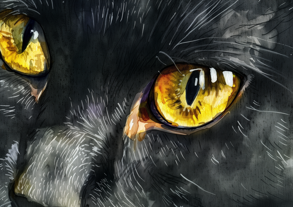 Black cat yellow eyes watercolor close up