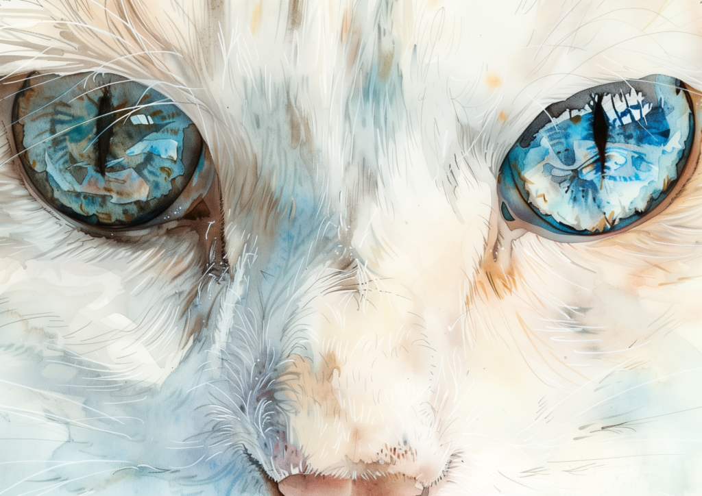 White cat blue eyes watercolor close up