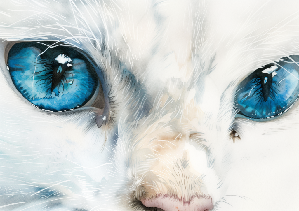 White cat blue eyes watercolor close up