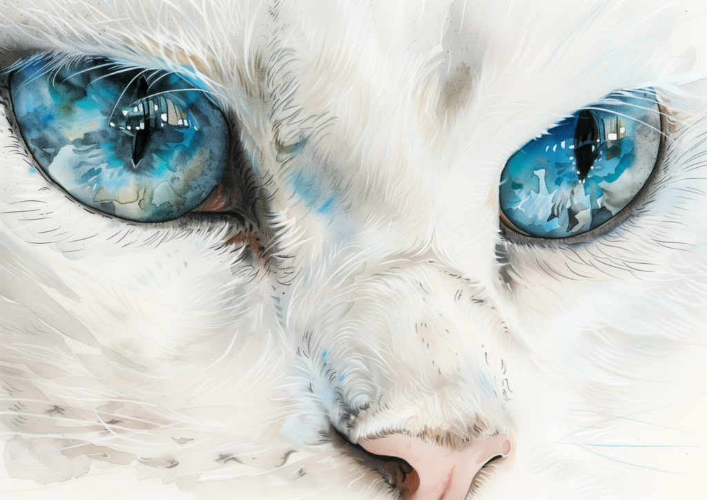 White cat blue eyes watercolor close up