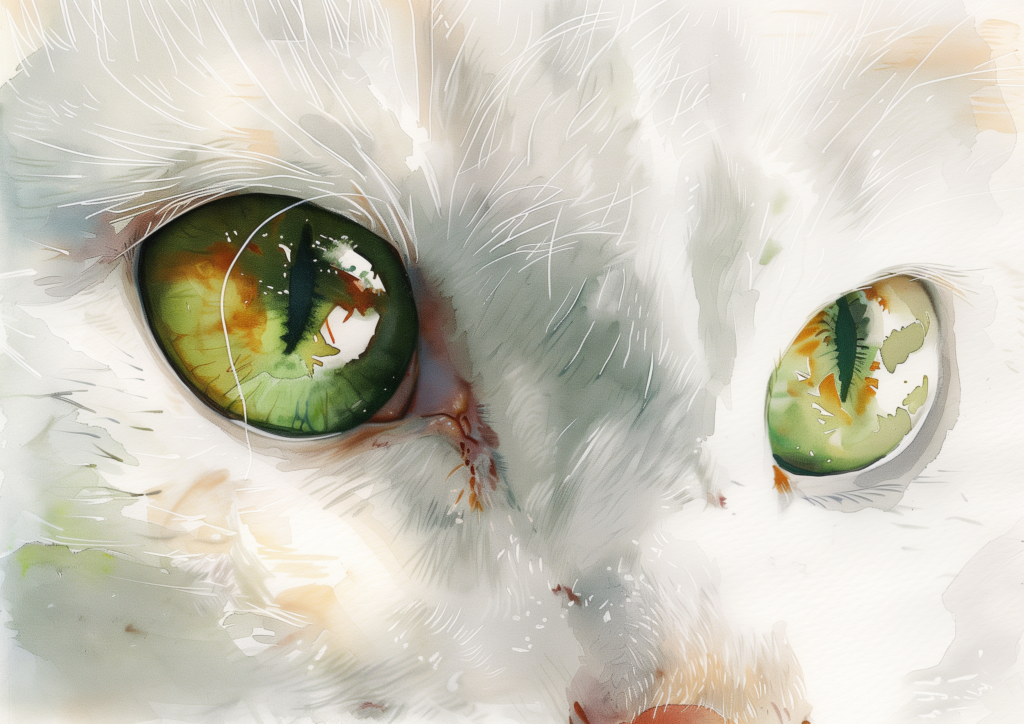 White cat green eyes watercolor close up