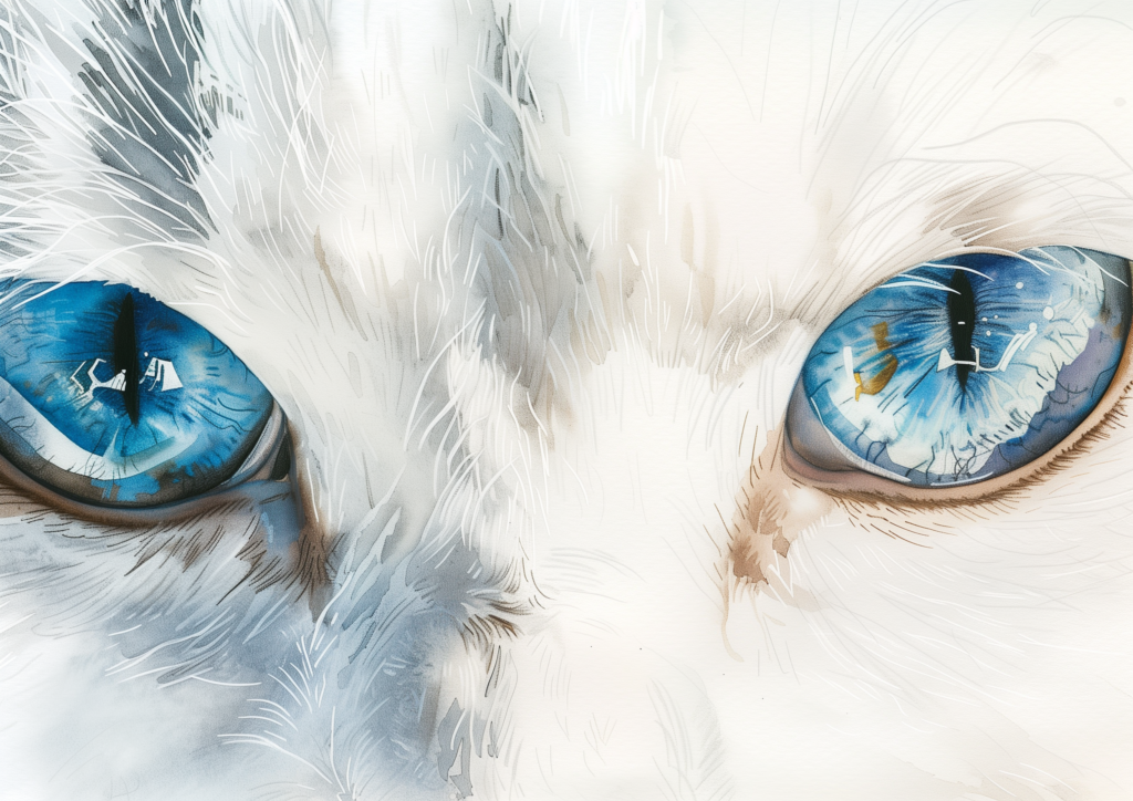 White cat blue eyes watercolor close up