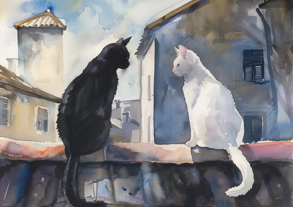 White cat and black cat on rooftops watercolor