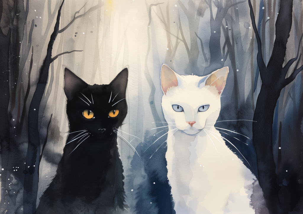 Black cat and white cat in the woods painting