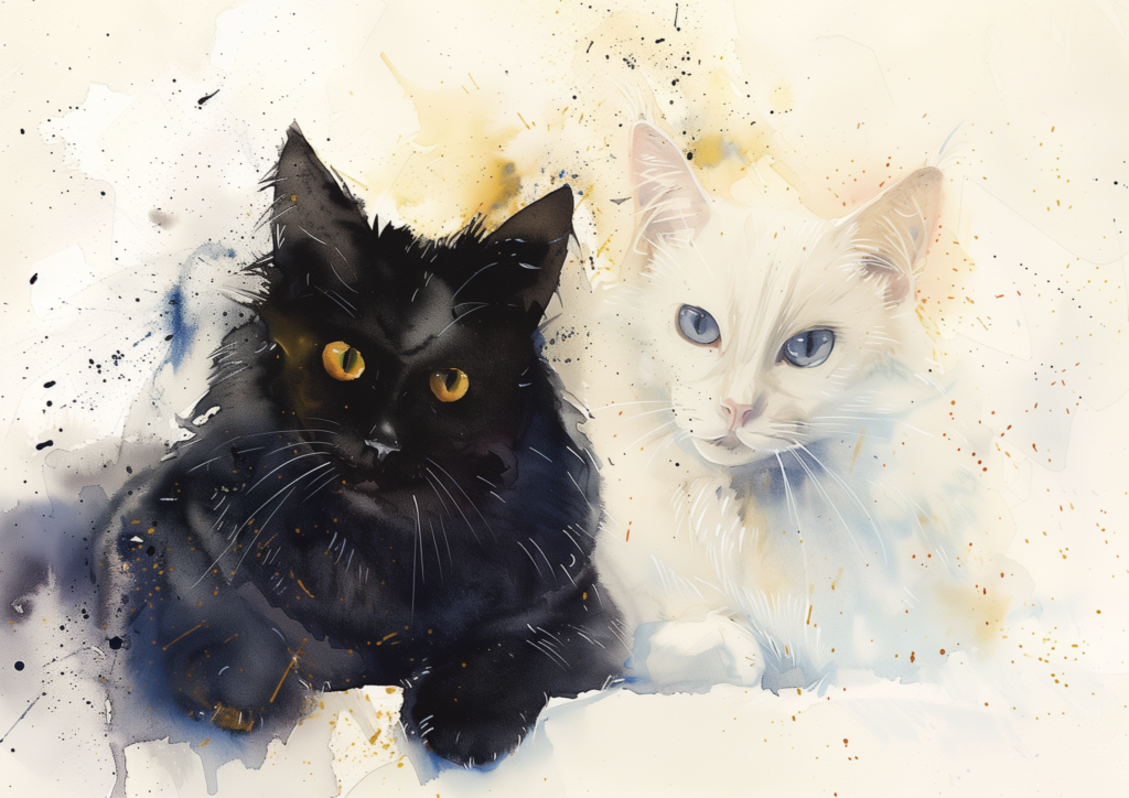 Black cat and white cat watercolor