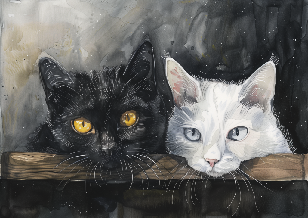 Black cat and white cat side to side