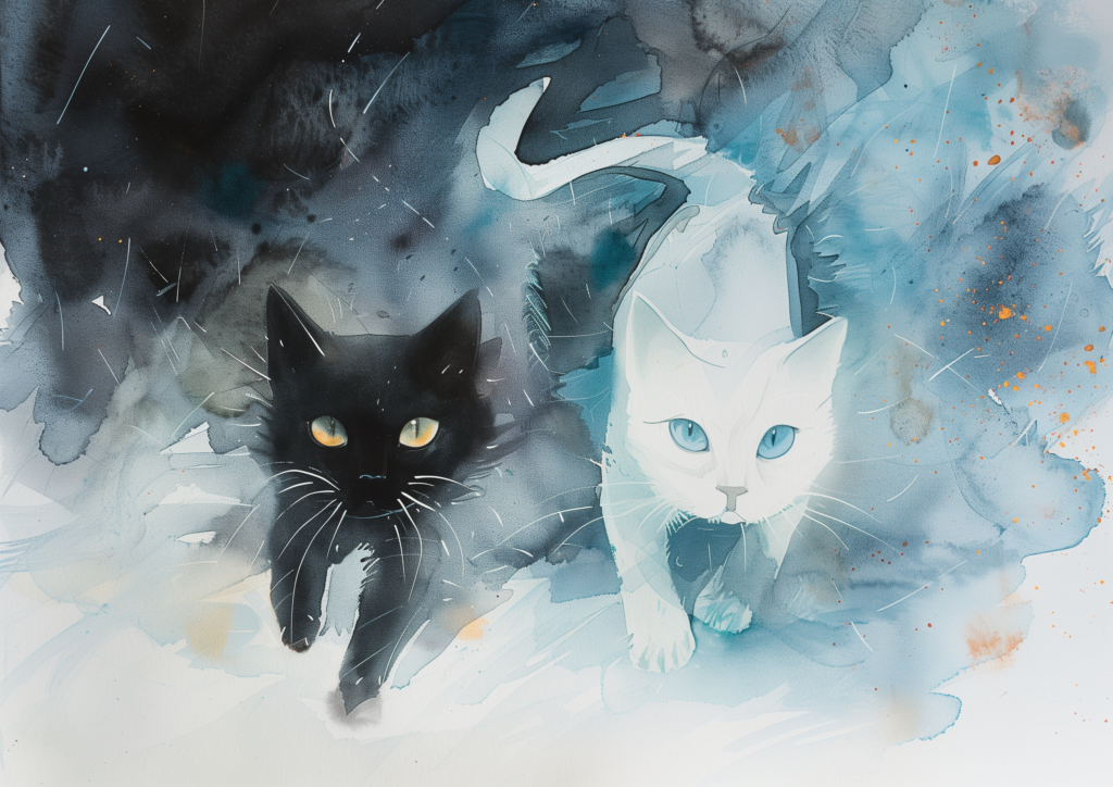 One white cat, one black cat watercolor