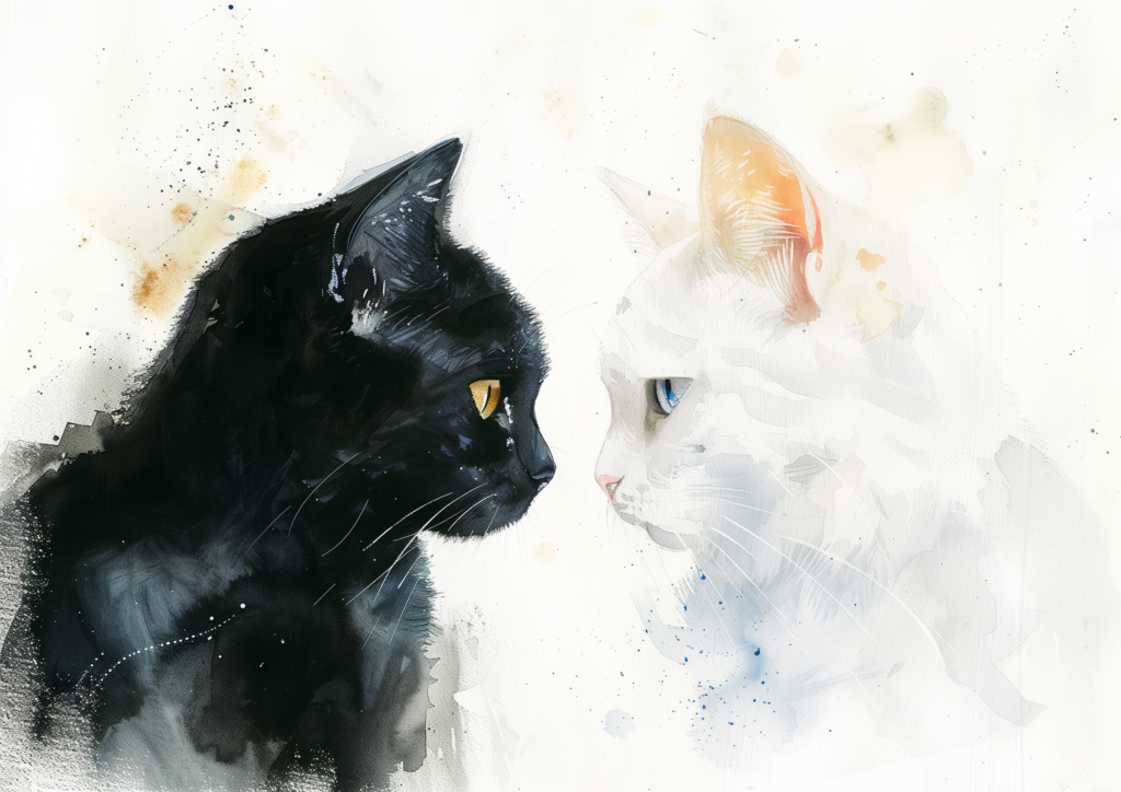 White cat and black cat watercolor facing each other