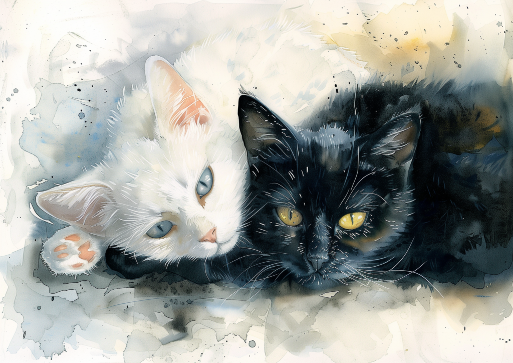 White and black cat cuddle watercolor