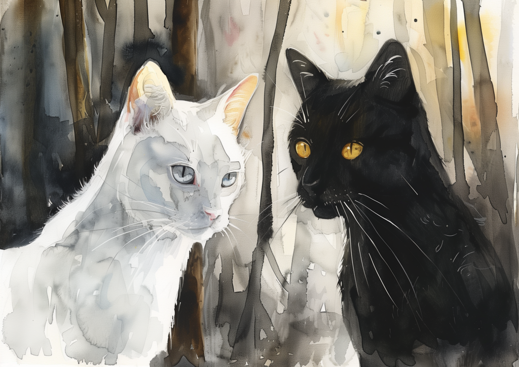 White cat and black in the woods watercolor