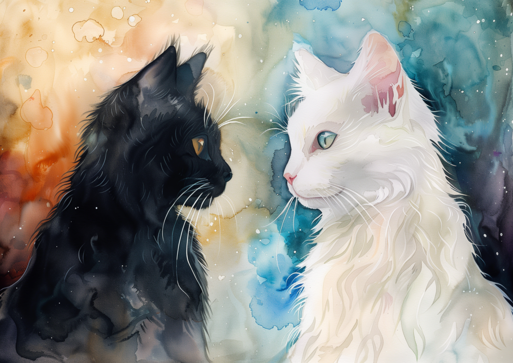 White cat and black cat watercolor facing each other, galactic vibes