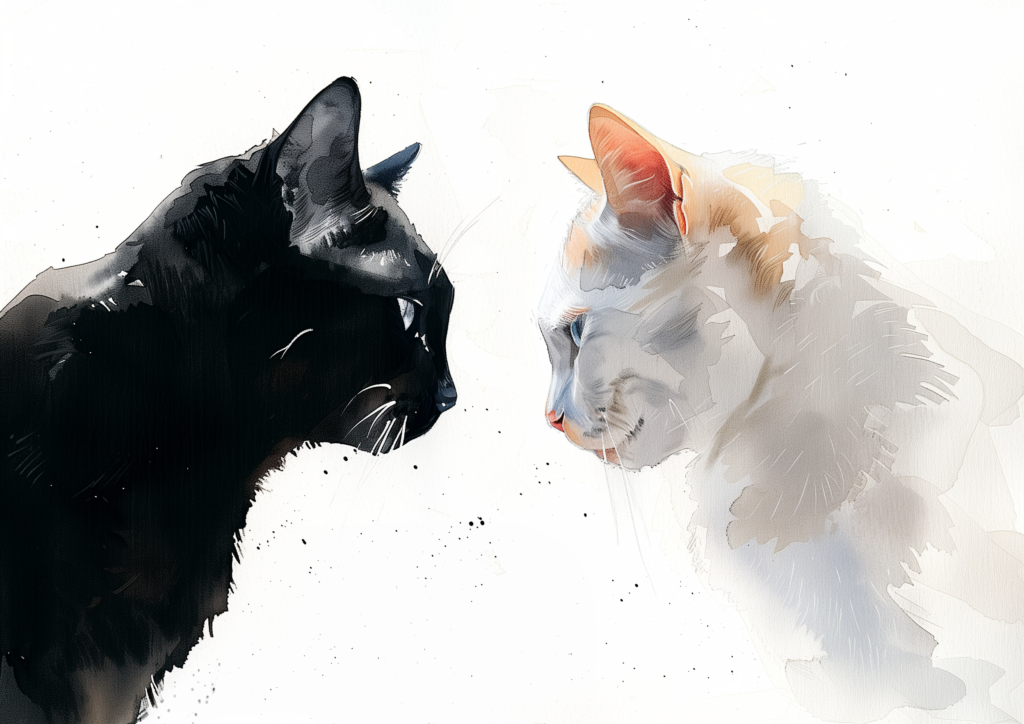 Black cat and white cat face each other