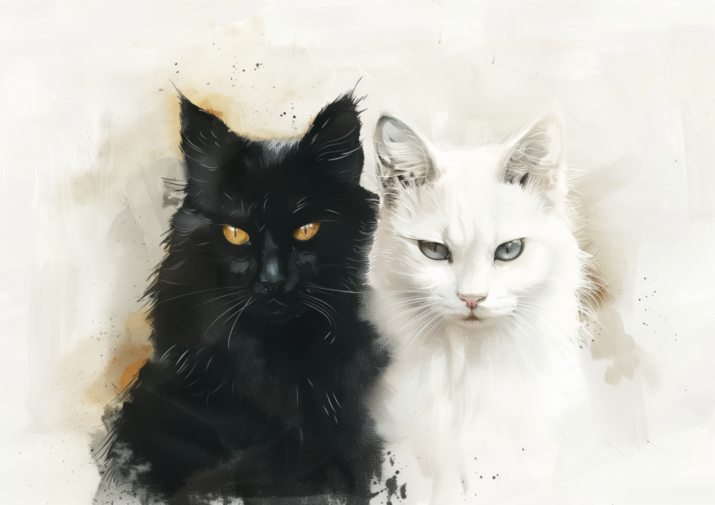 Black cat and white cat watercolor