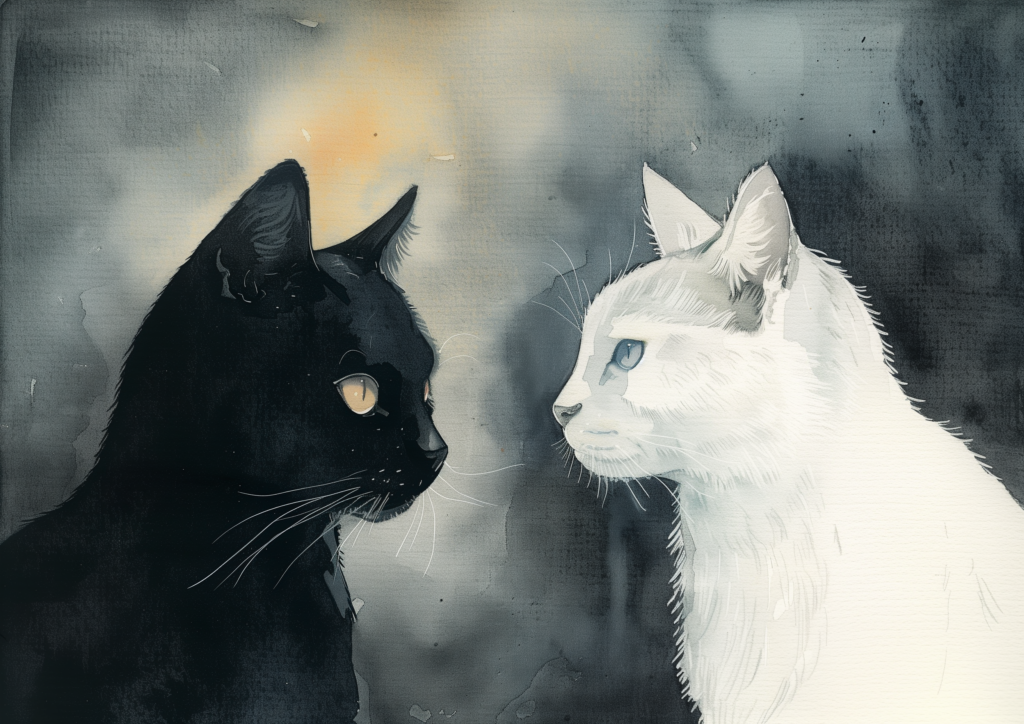 Black cat and white cat watercolor