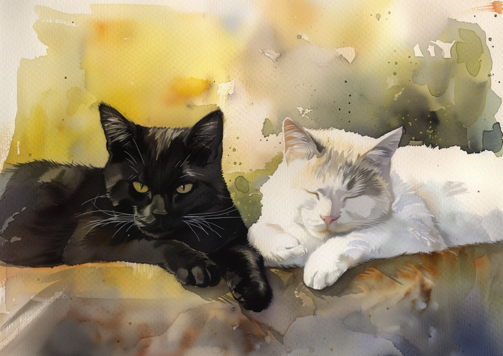 Black cat and white cat laying