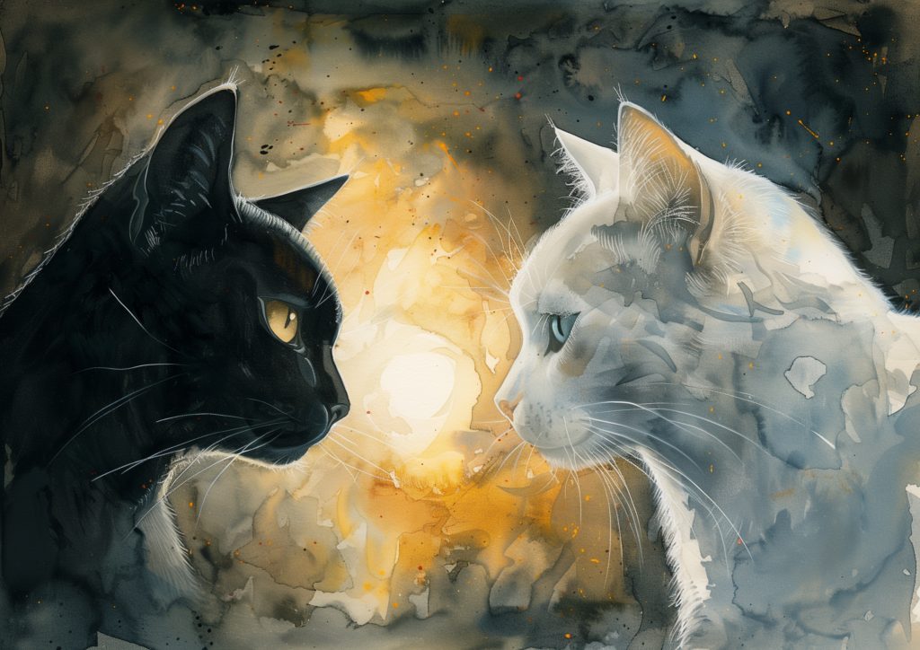 Black cat and white cat face each other