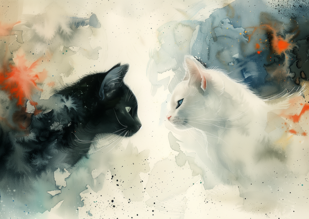 One white cat, one black cat watercolor