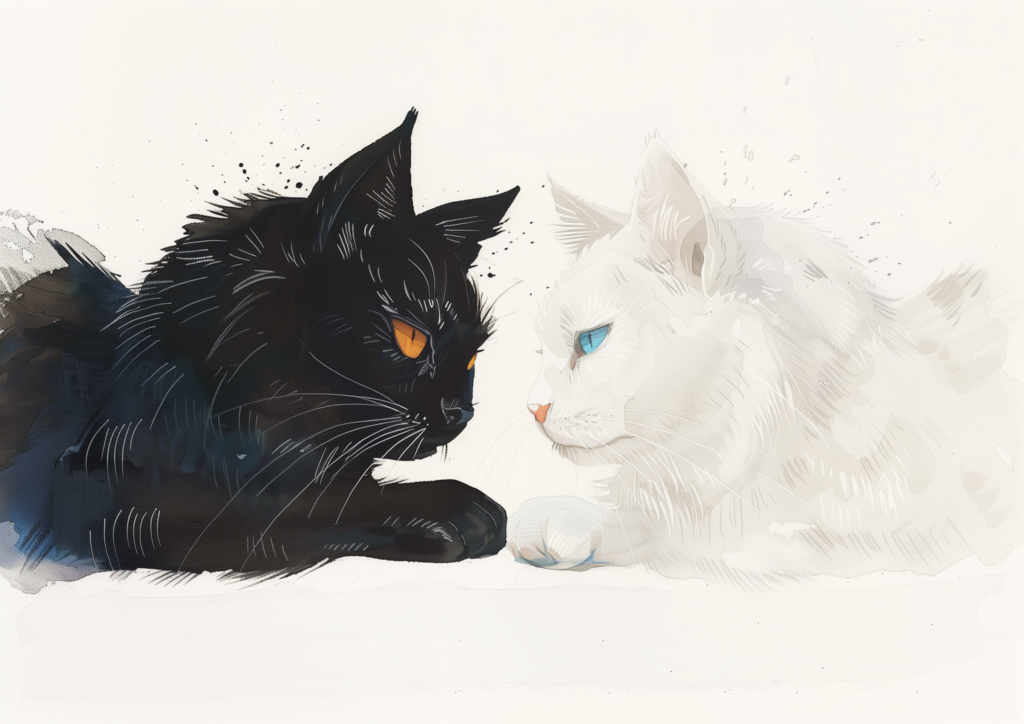 Black cat and white cat face each other