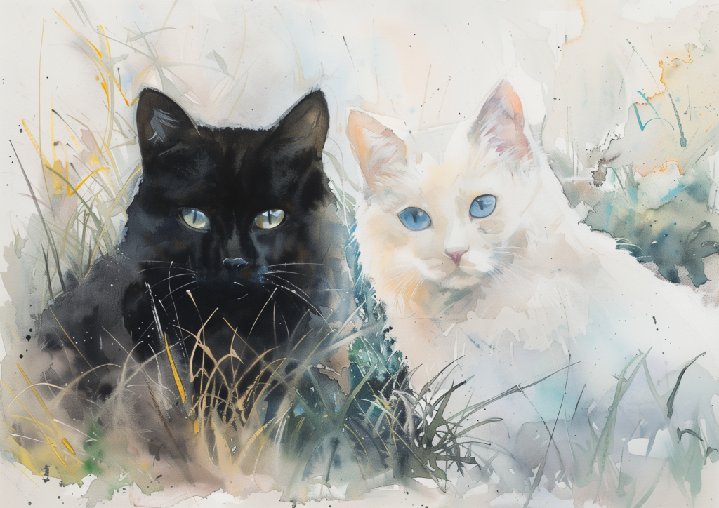 Black and white cats in nature watercolor