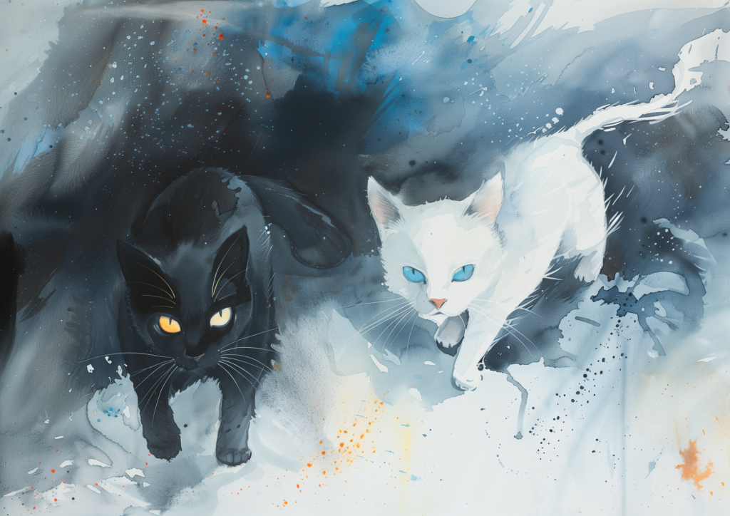 Black cat and white cat watercolor blue hues