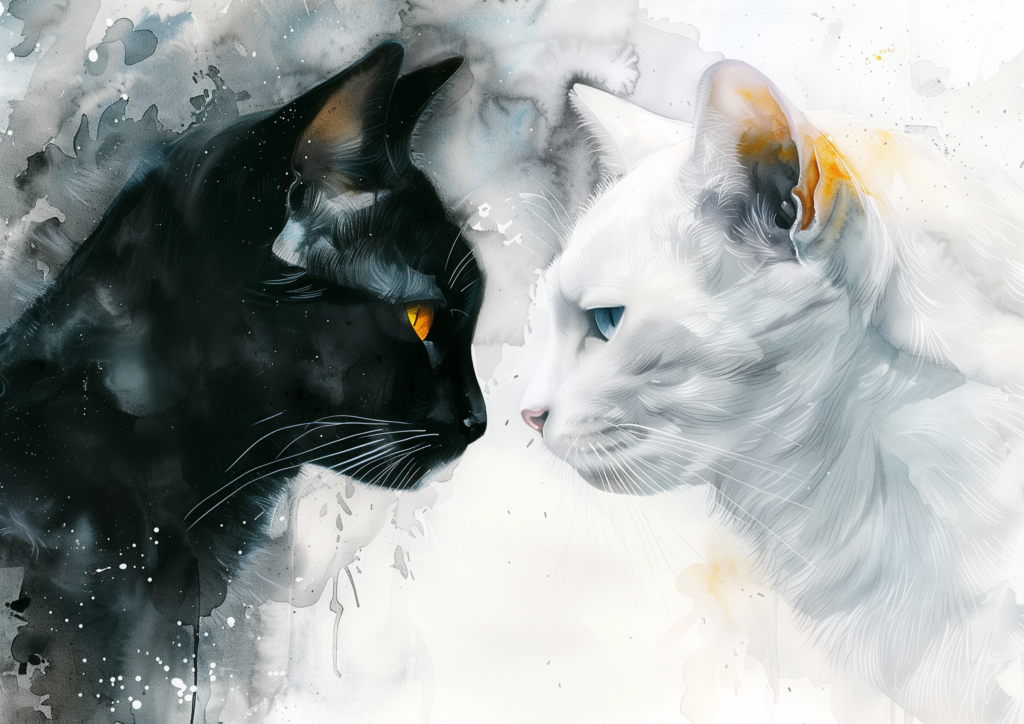 Black cat and white cat face each other