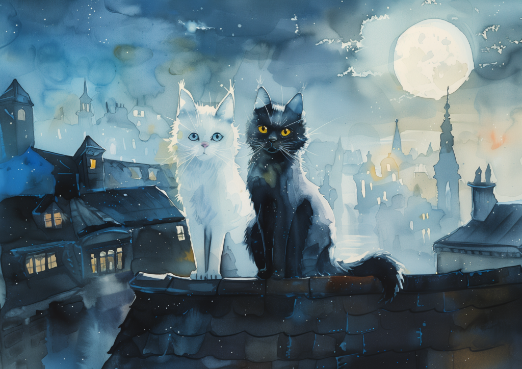 White cat and black cat on rooftops at night watercolor