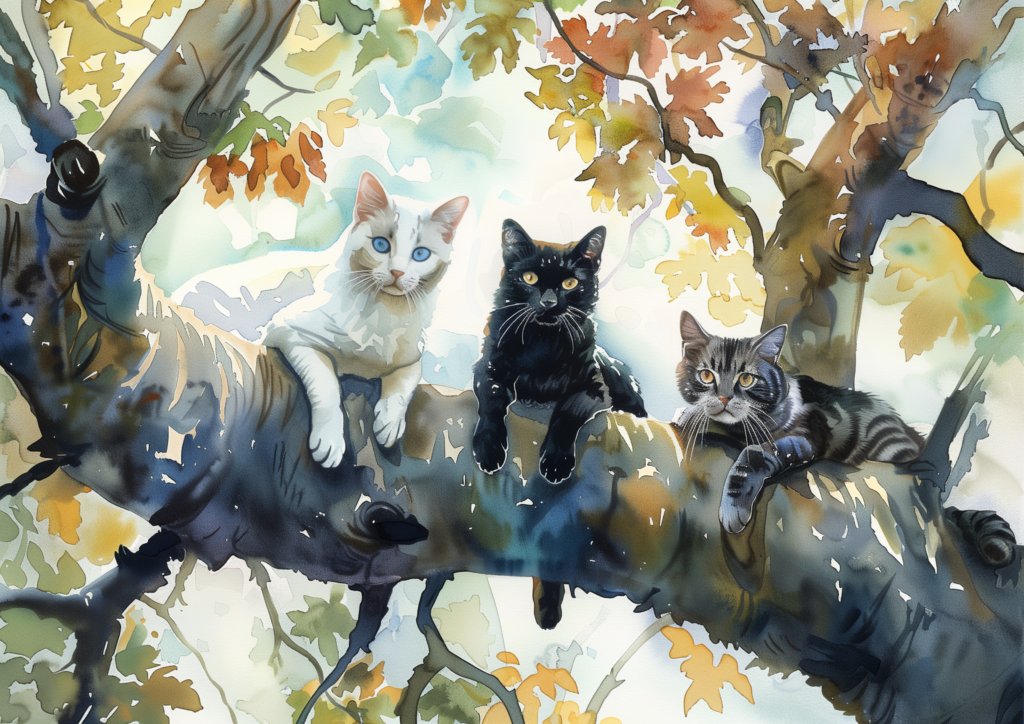 White cat, black cat, gray cat on an oak tree branch watercolor