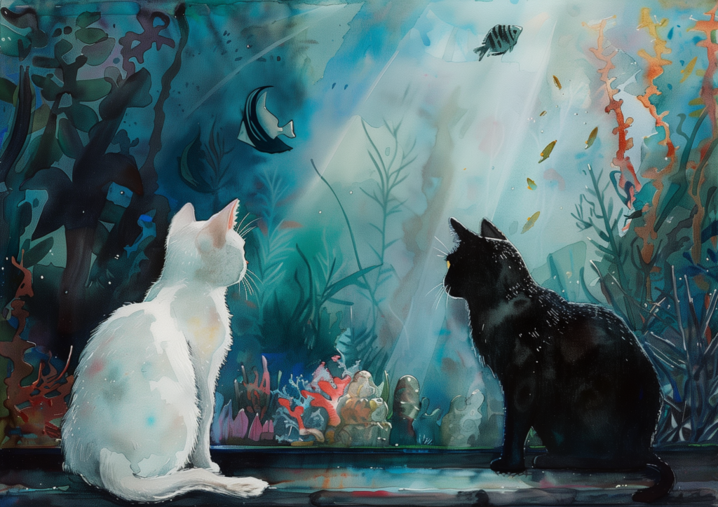 White cat and black cat look at aquarium
