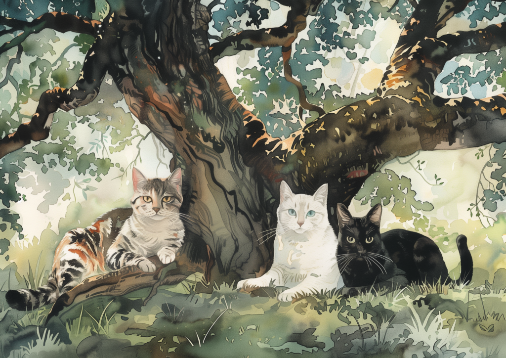 Three cats under a tree painting