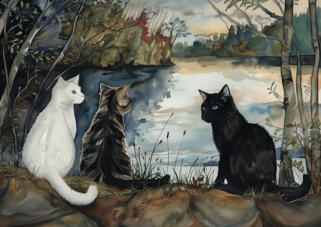 Three cats at a lake watercolor