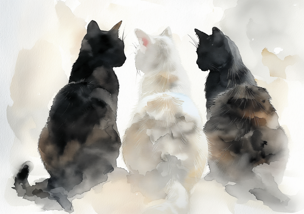 Two black cats, one white cat watercolor