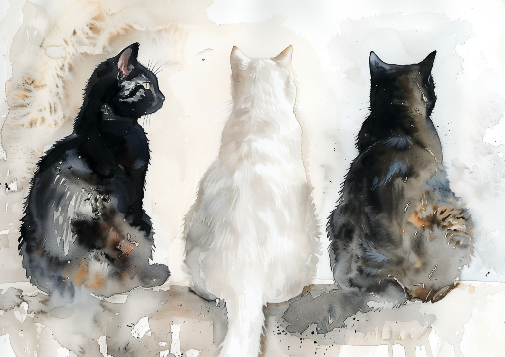 Two black cats, one white cat watercolor