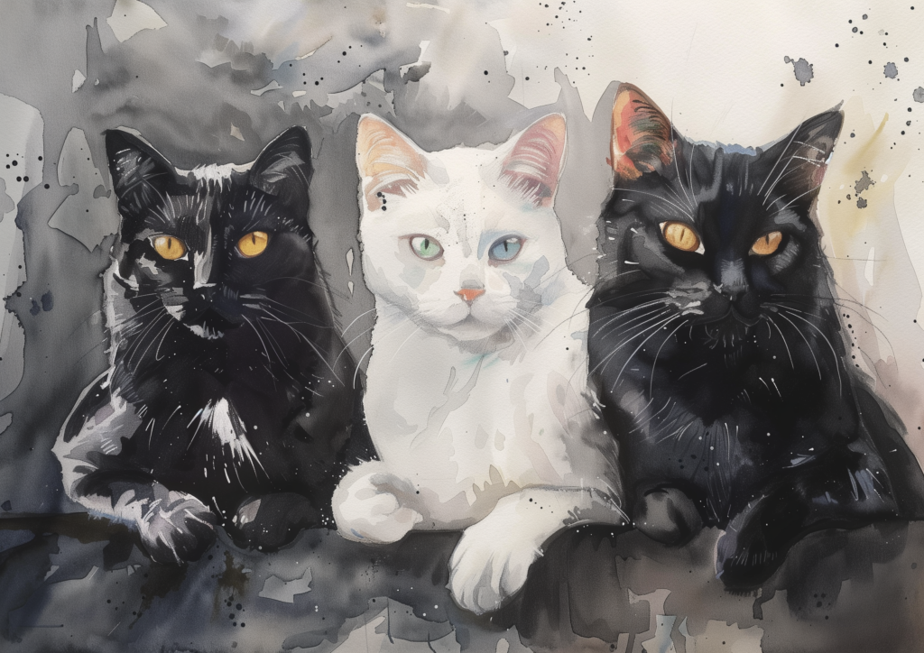 Two black cats, one white cat watercolor