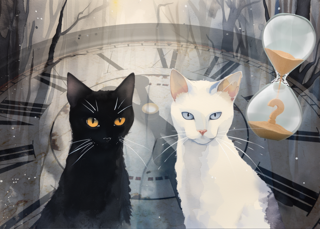 White cat and black cat with clock and hourglass, cover for ramonemisfit.com philosophy journal on the debate of whether time is an illusion