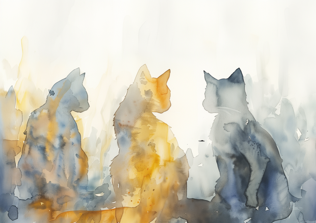 Three cats silhouette watercolor