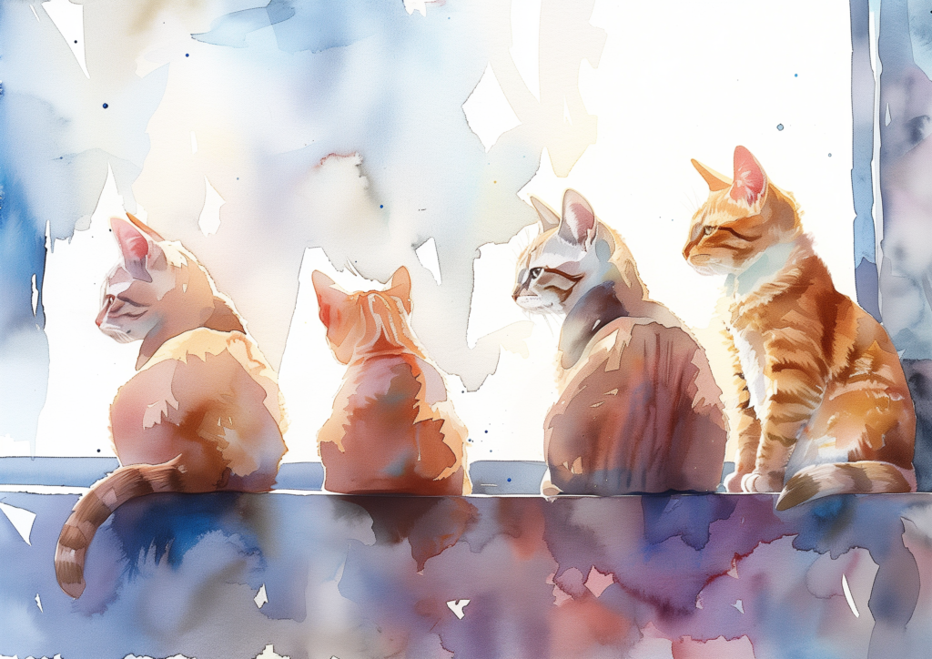 Four orange cats watercolor