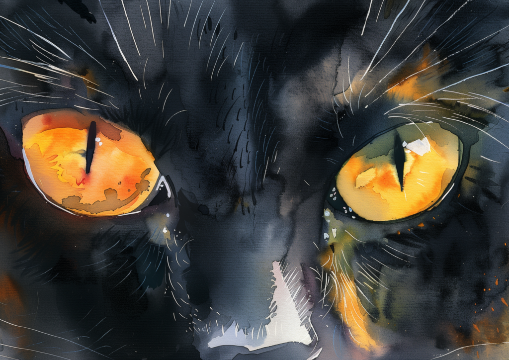 Calico cat yellow eyes watercolor close up